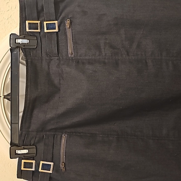 Denim thin, skirt with 2-front zipper pockets &4 brass front buckles & back slit - Picture 6 of 6